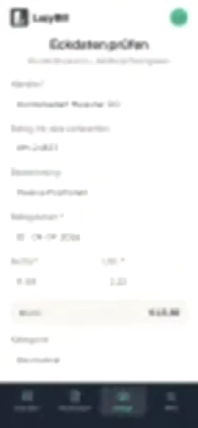 Eckdaten prüfen Ansicht mit Händler, Beleg-Nr. des Lieferanten, Bezeichnung, Belegdatum, Netto, USt., Brutto und Kategorie